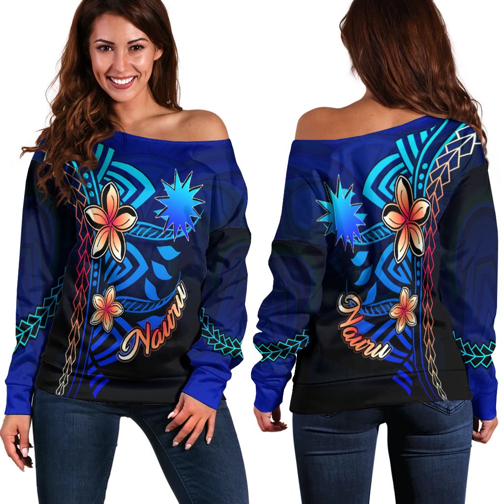 Nauru Women's Off Shoulder Sweater - Vintage Tribal Mountain Blue - Polynesian Pride