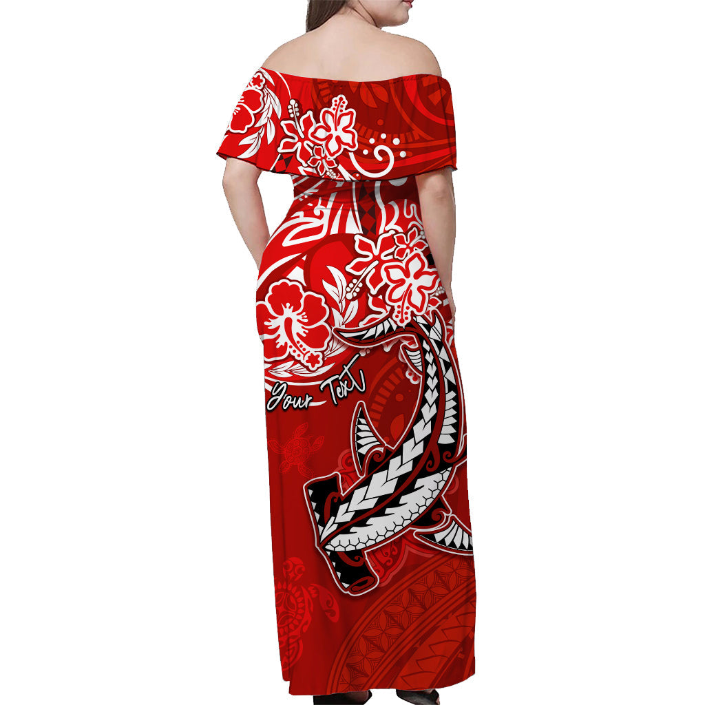 (Custom Personalised) Hawaii Off Shoulder Long Dress Polynesia Red Sea Turtle Honu and Hammerhead Shark LT13 - Polynesian Pride