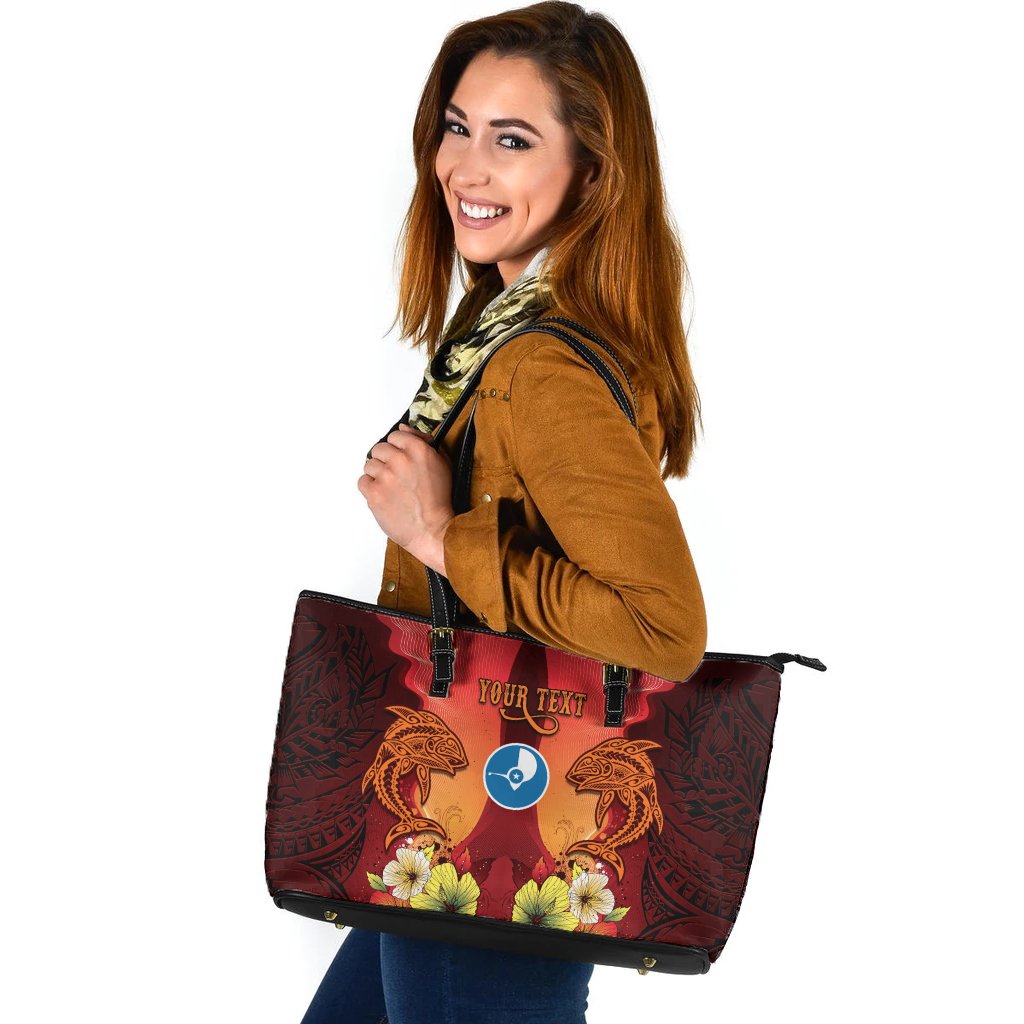 Yap Custom Personalised Large Leather Tote - Tribal Tuna Fish Orange - Polynesian Pride