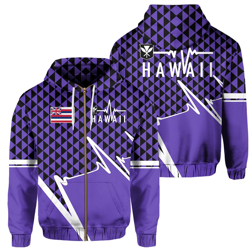 Kakau Hawaii In My Heartbeat Flag of Hawaii Zip Hoodie Purple Unisex Purple - Polynesian Pride
