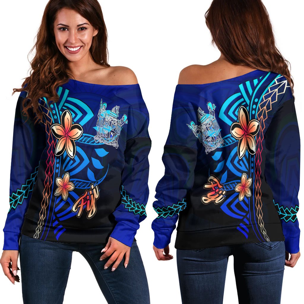 Fiji Women's Off Shoulder Sweater - Vintage Tribal Mountain Crest Blue - Polynesian Pride