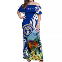 (Custom Personalised) Northern Mariana Islands Off Shoulder Long Dress Mariana Fruit Dove Mix Frangipani Flowers Blue LT13 Long Dress Blue - Polynesian Pride