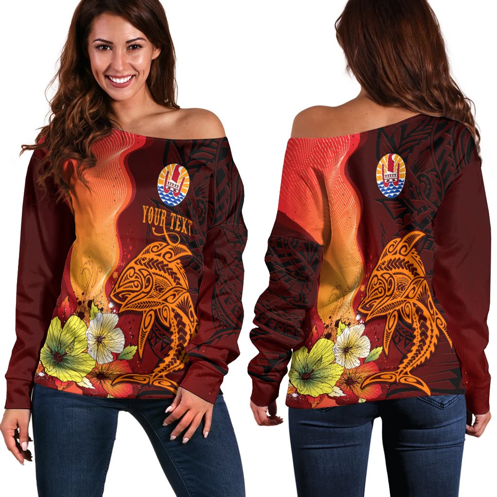 Tahiti Custom Personalised Women's Off Shoulder Sweater - Tribal Tuna Fish Orange - Polynesian Pride