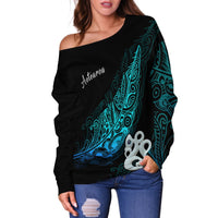 Aotearoa Off Shoulder Sweater Fern Mix Manaia Matau LT13 - Polynesian Pride