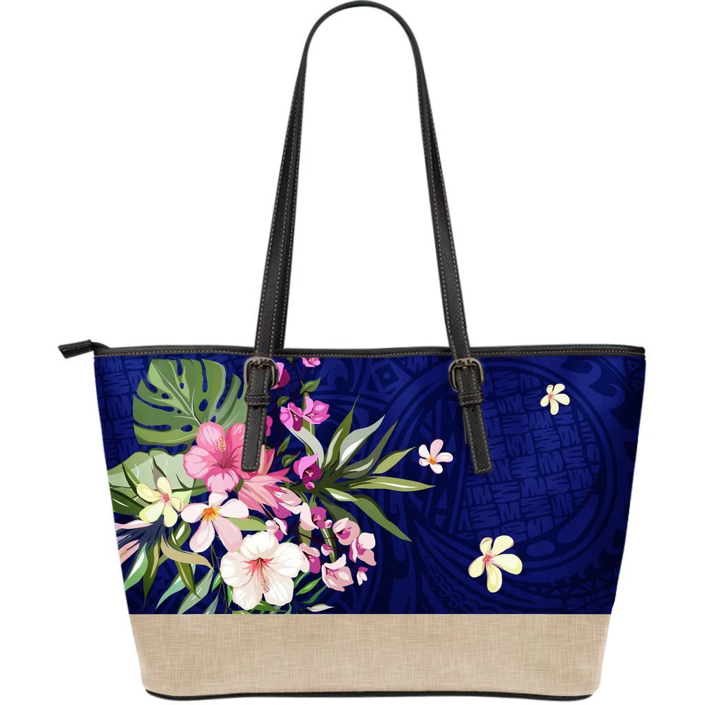 Hawaii Flower Blue Large Leather Tote Blue - Polynesian Pride