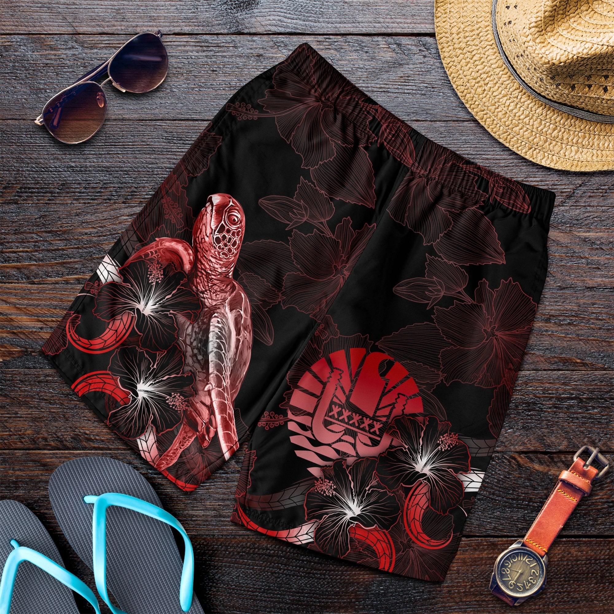 Tahiti Polynesian Men's Shorts - Turtle With Blooming Hibiscus Red Red - Polynesian Pride