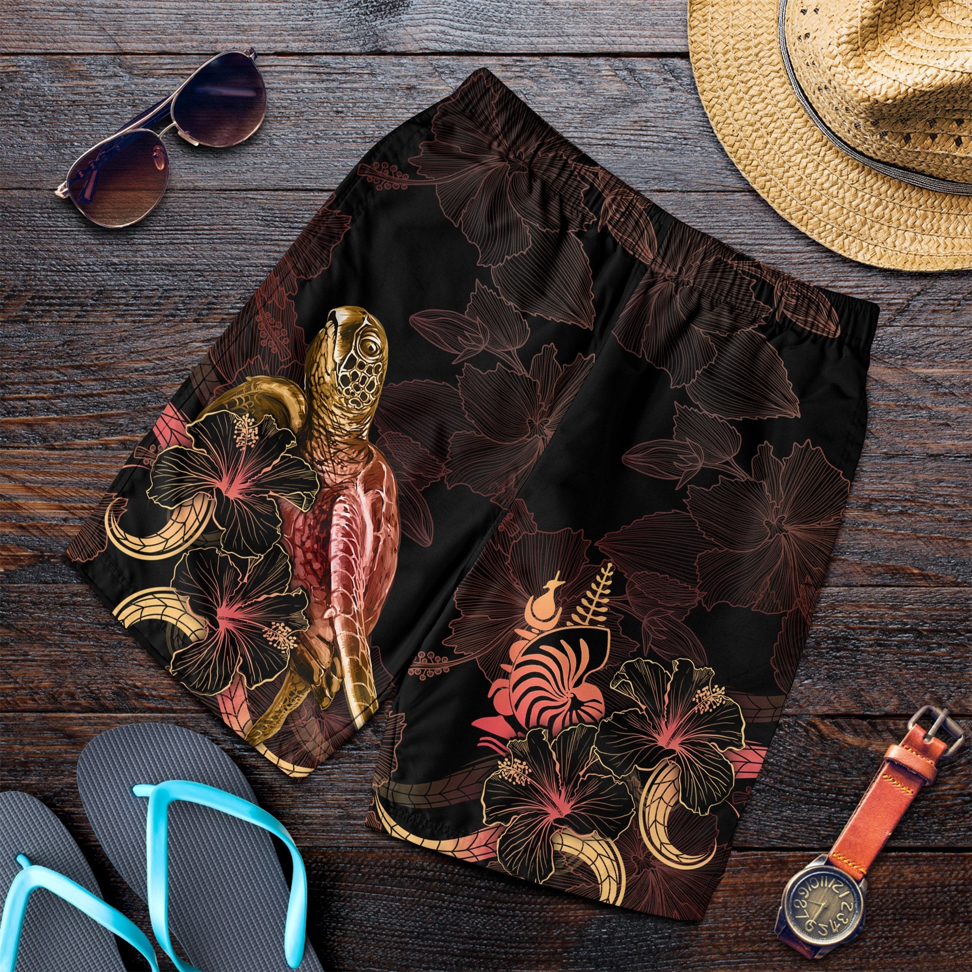 New Caledonia Polynesian Men's Shorts - Turtle With Blooming Hibiscus Gold Gold - Polynesian Pride