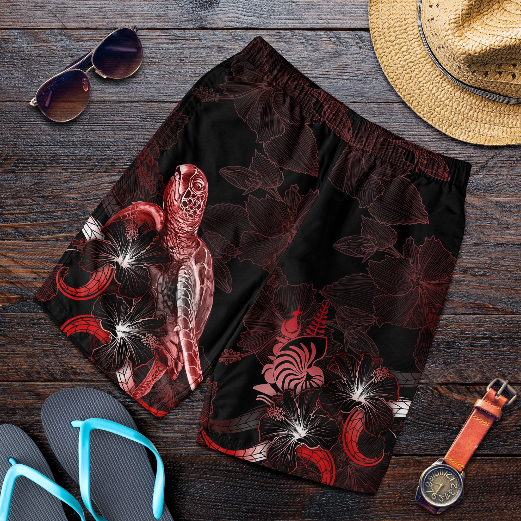 New Caledonia Polynesian Men's Shorts - Turtle With Blooming Hibiscus Red Red - Polynesian Pride