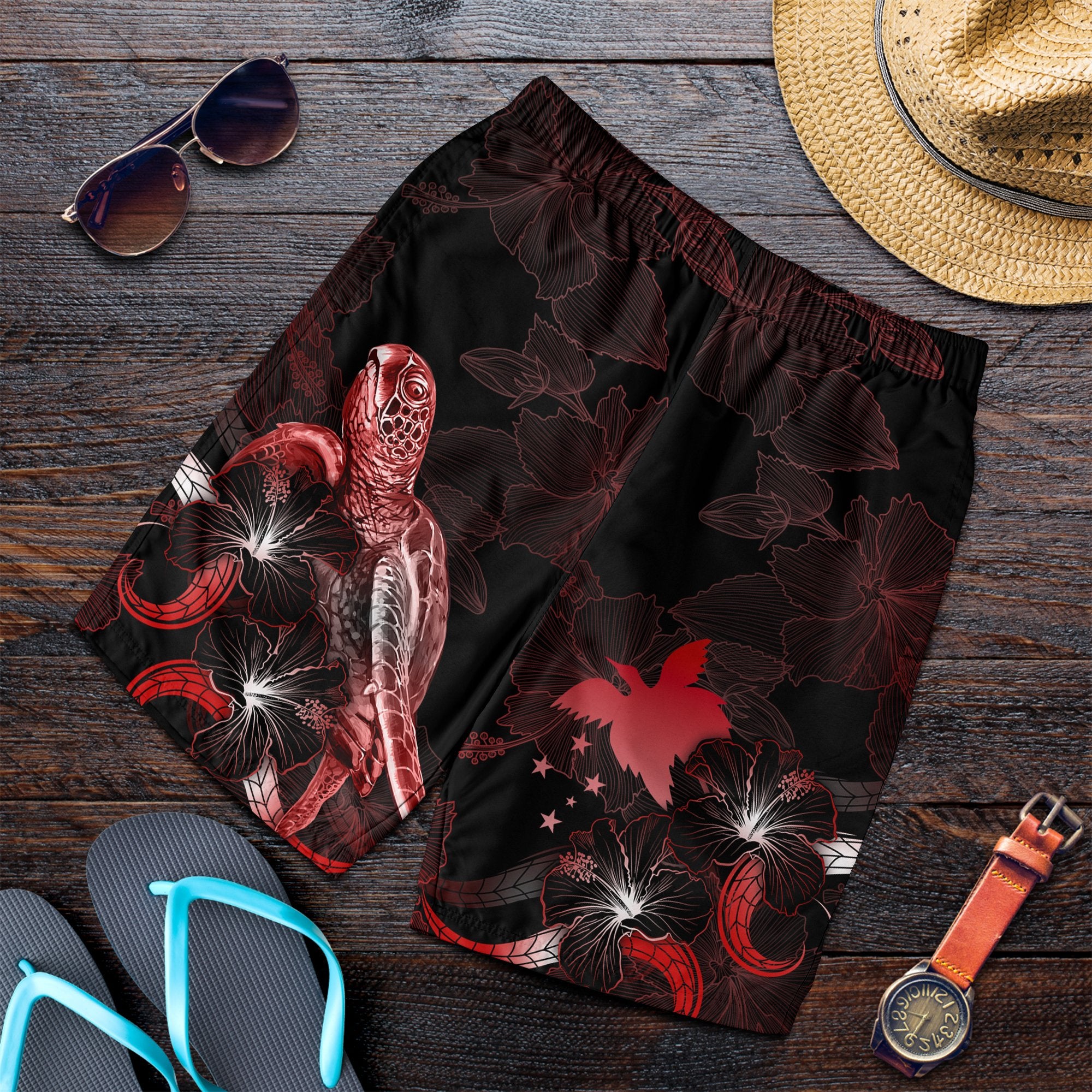 Papua New Guinea Polynesian Men's Shorts - Turtle With Blooming Hibiscus Red Red - Polynesian Pride