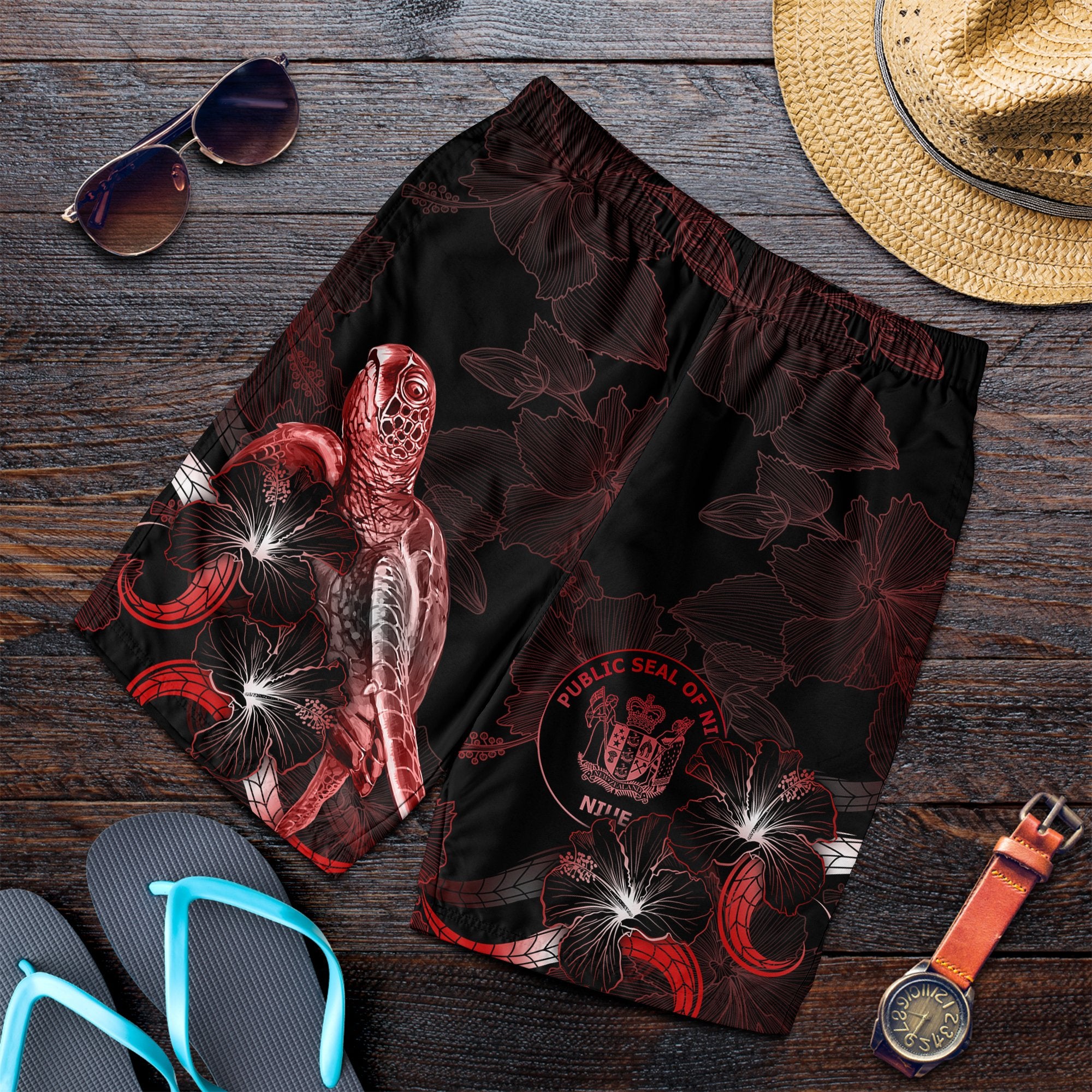 Niue Polynesian Men's Shorts - Turtle With Blooming Hibiscus Red Red - Polynesian Pride