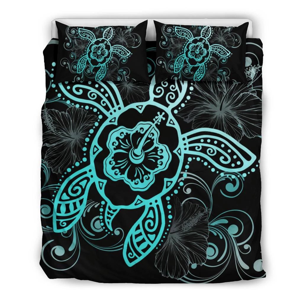 Hawaiian Hibiscus Turtle Wave Polynesian Bedding Set Turquoise Black - Polynesian Pride