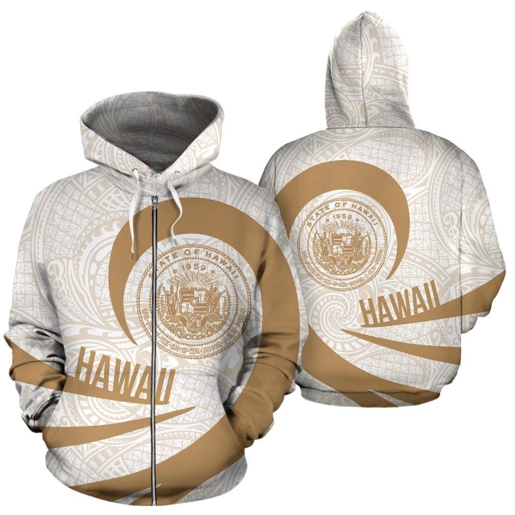 Hawaii Coat of Arms Roll In My Heart Zip up Hoodie Gold and White Unisex White - Polynesian Pride