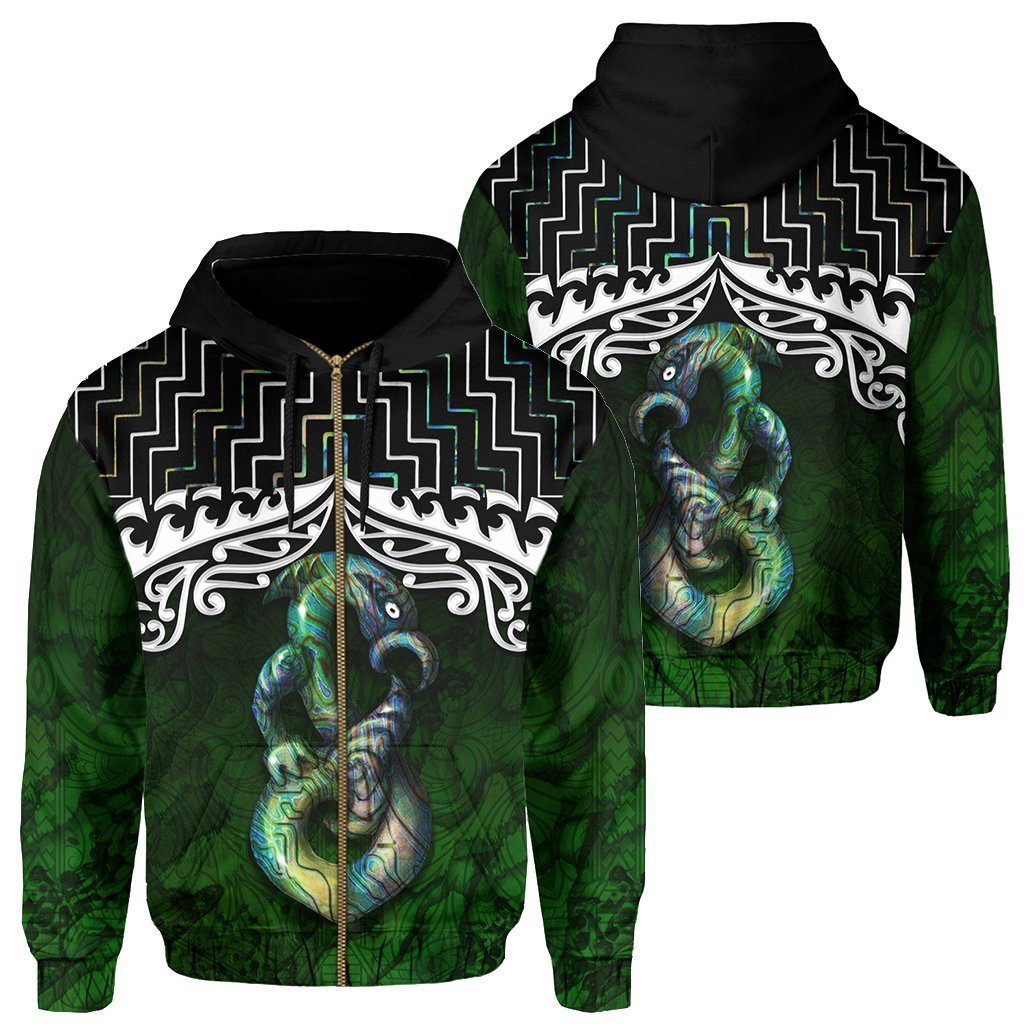 New Zealand Maori Zip up Hoodie, Poutama Manaia Paua Shell Zipper Hoodie Unisex Black - Polynesian Pride