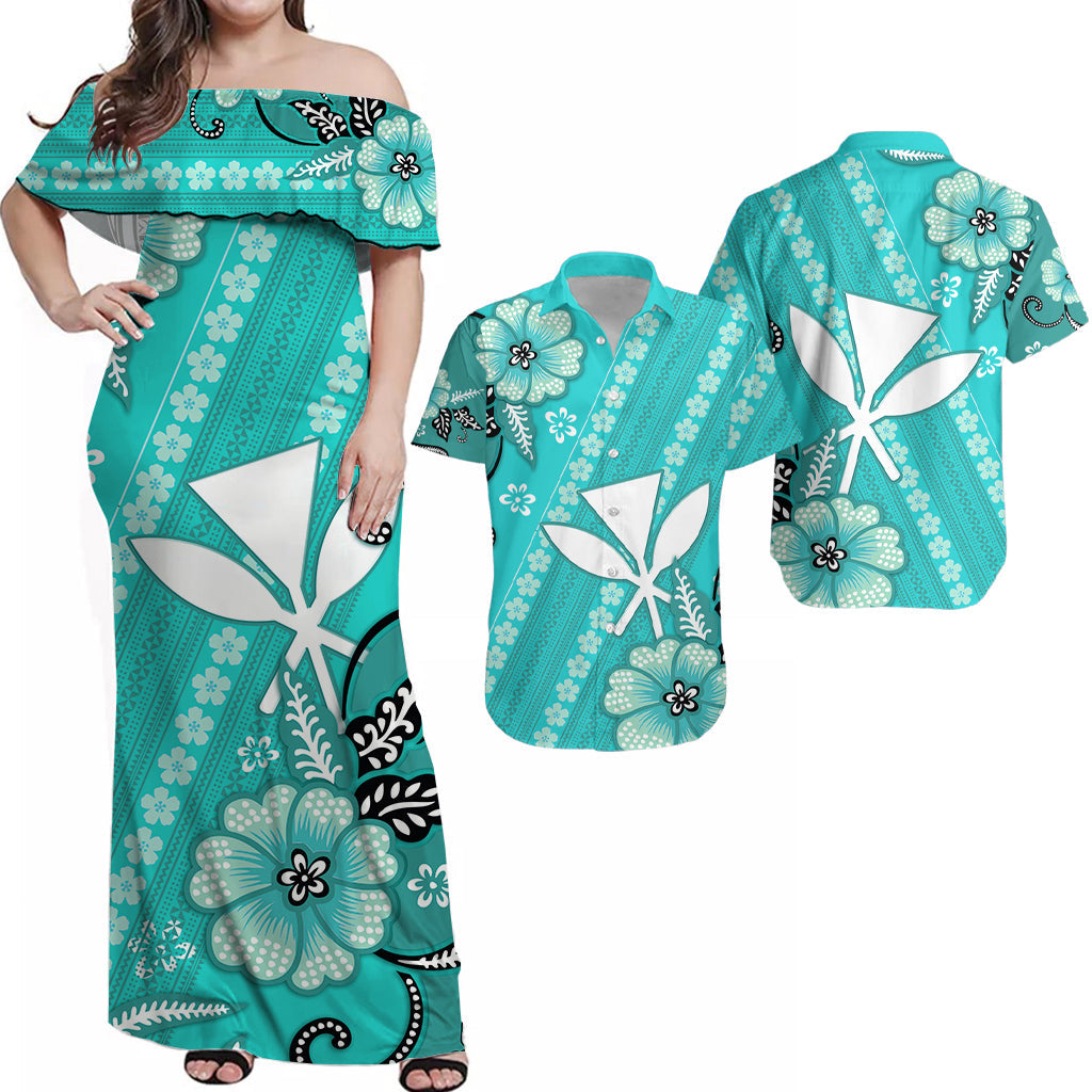 Hawaii Matching Dress and Hawaiian Shirt Kakau Tribal Turquoise Batik Floral Ver.01 LT13 Turquoise - Polynesian Pride