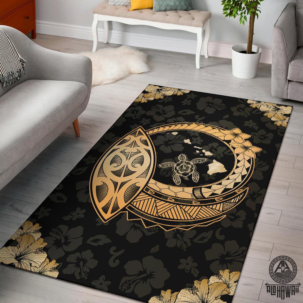 Hawaii Hibiscus Map Polynesian Area Rug Black - Polynesian Pride