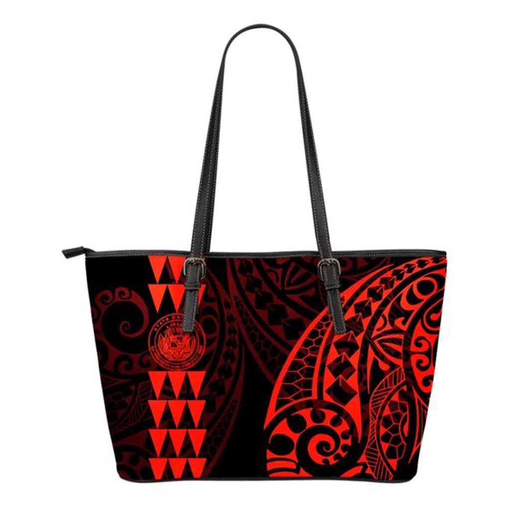 Hawaii Coat of Arms Red Small Leather Tote Red - Polynesian Pride