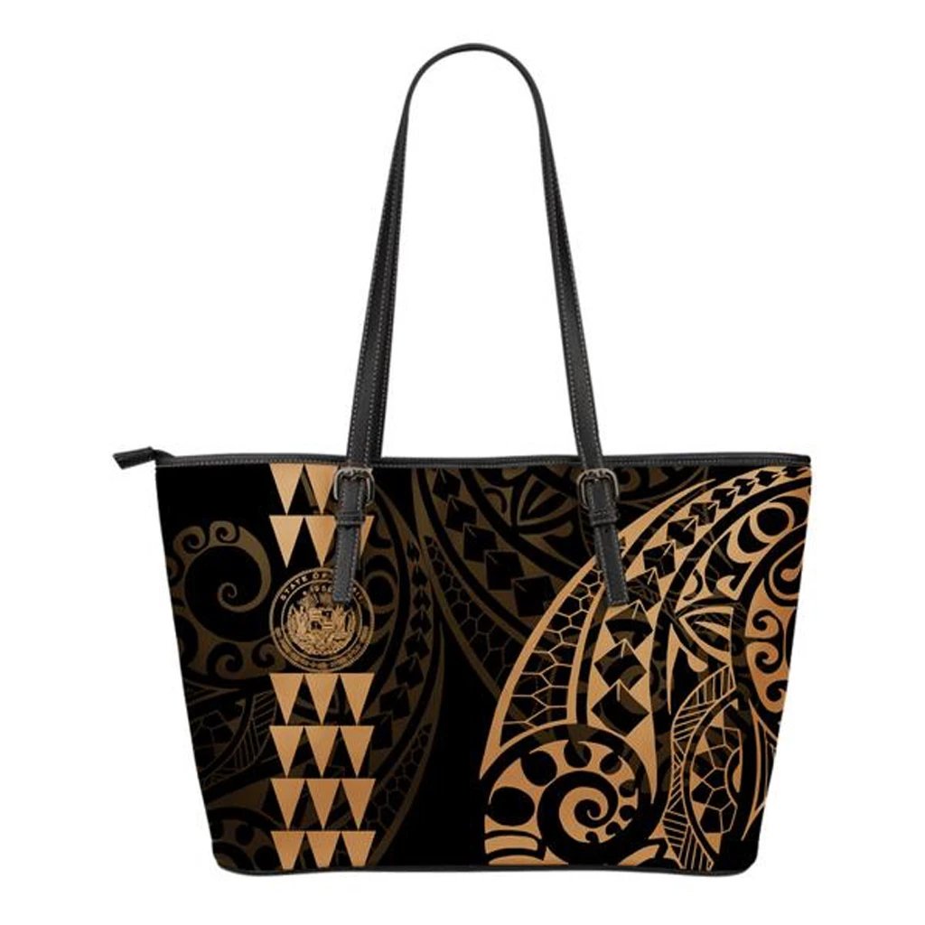 Hawaii Coat of Arms Gold Small Leather Tote Gold - Polynesian Pride