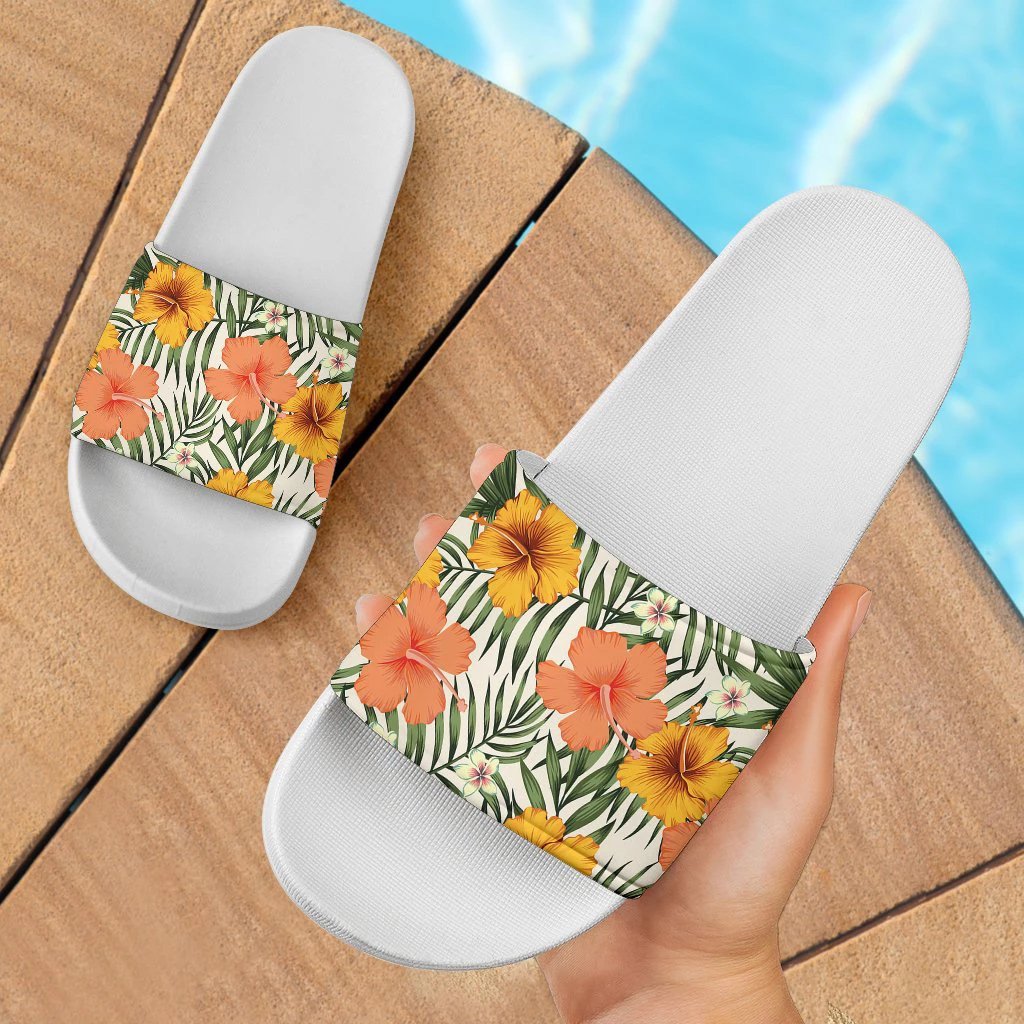 Hawaii Hibiscus Pattern White And Yellow Slide Sandals White - Polynesian Pride