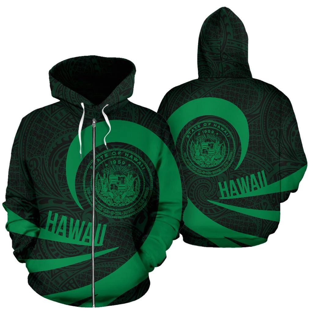 Hawaii Coat of Arms Roll In My Heart Zip up Hoodie Green Unisex Green - Polynesian Pride