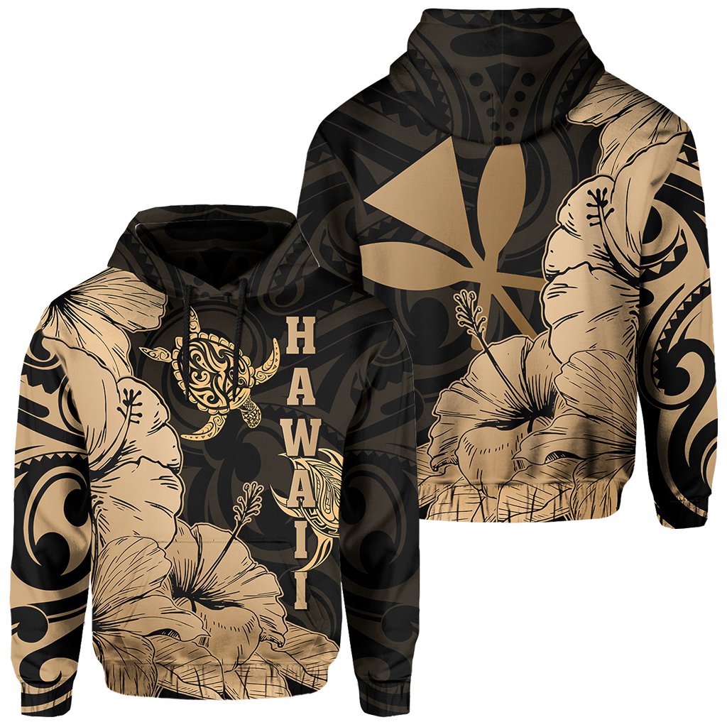 Hawaii Turtle Hoodie Polynesian Hibiscus Art Ver 2.0 Gold Unisex Gold - Polynesian Pride