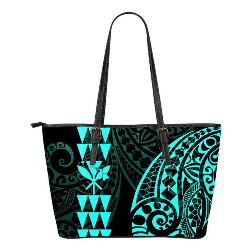 Kanaka Hawaii Map Turquoise Tribal Small Leather Tote Turquoise - Polynesian Pride