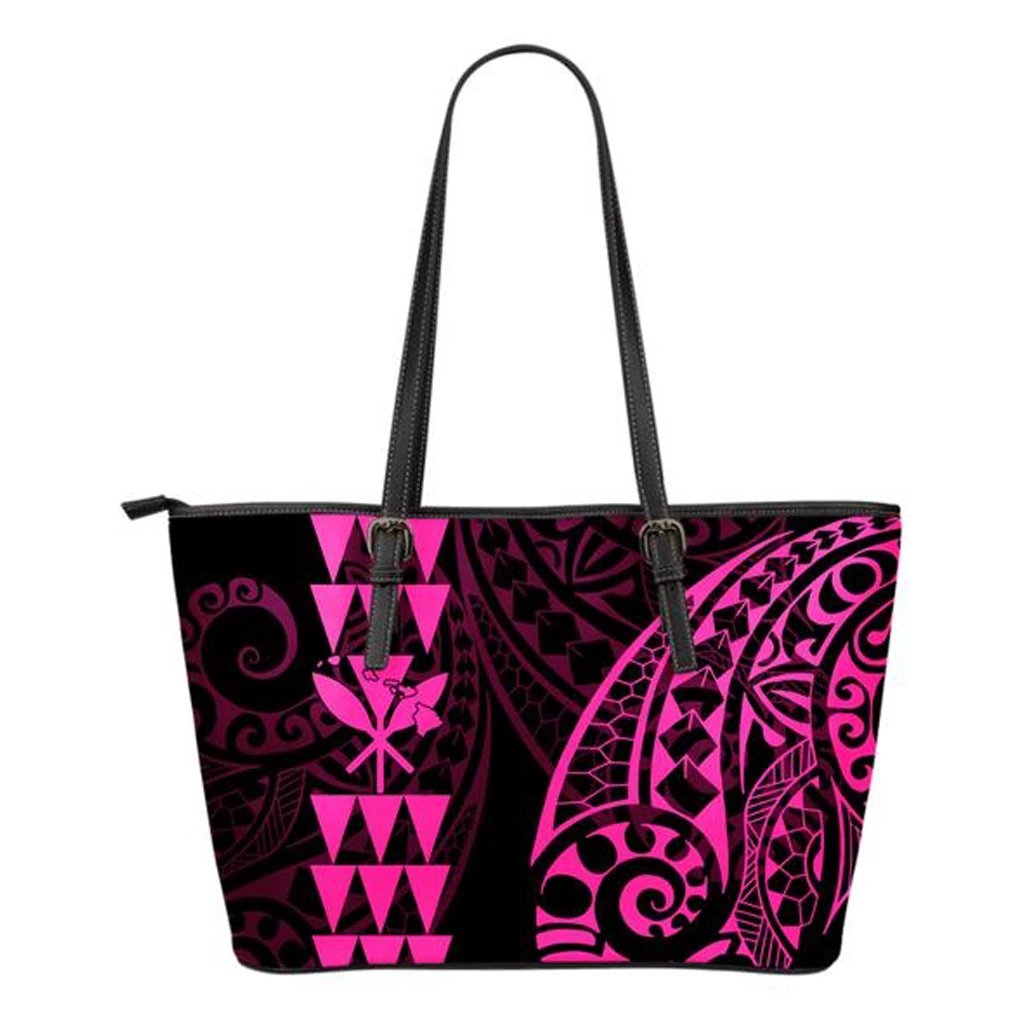 Kanaka Hawaii Map Pink Tribal Small Leather Tote Pink - Polynesian Pride