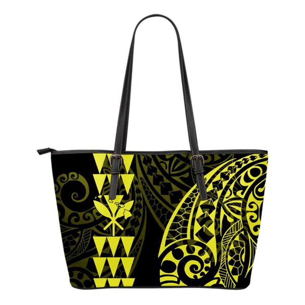 Kanaka Hawaii Map Yellow Tribal Small Leather Tote Yellow - Polynesian Pride