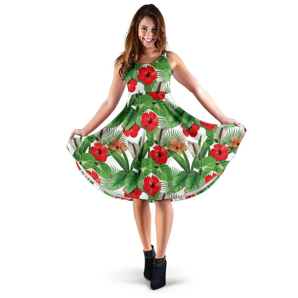 Hawaii Hibiscus And Palm Midi Dress Midi Dress Red - Polynesian Pride