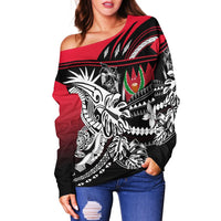 Pohnpei Women's Off Shoulder Sweaters - Tribal Jungle Pattern Red Color - Polynesian Pride