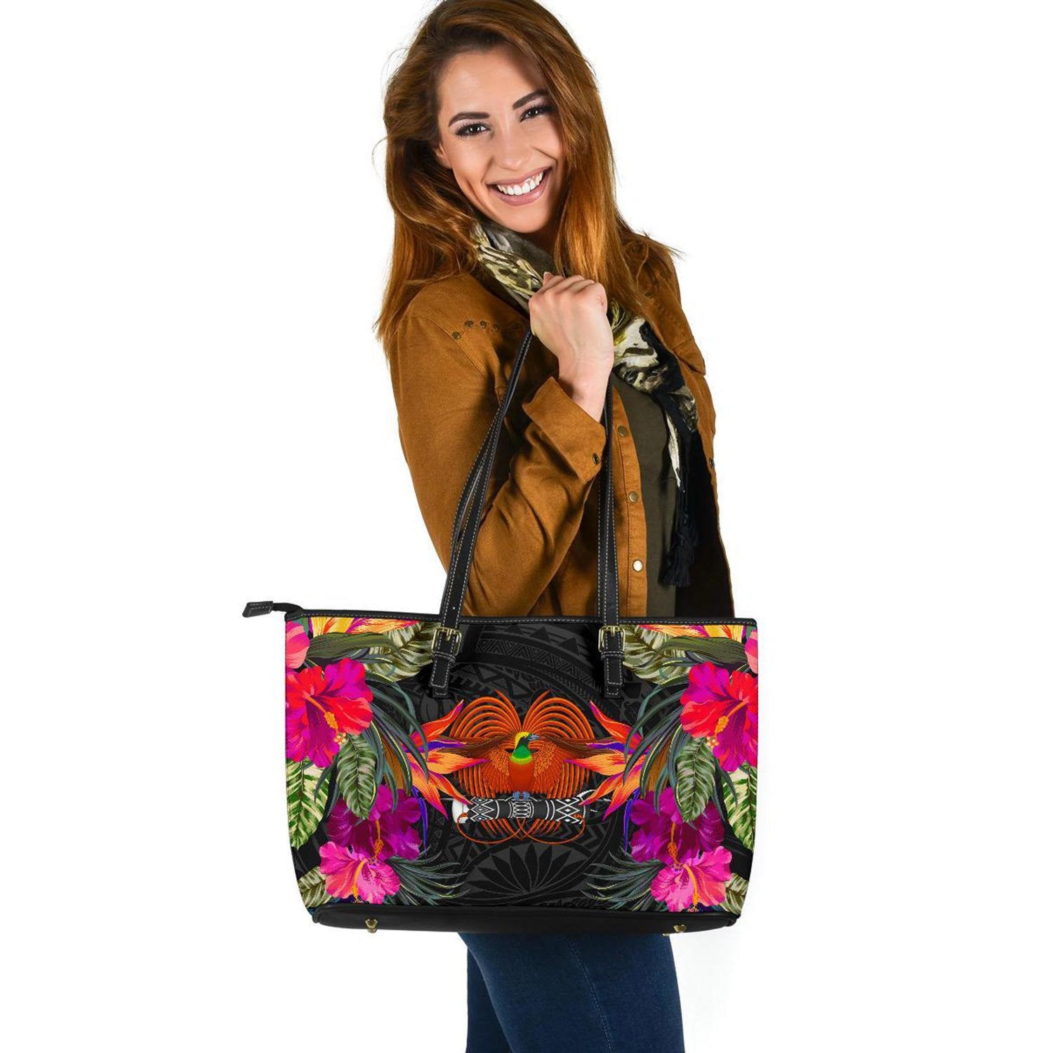 Papua New Guinea Large Leather Tote - Polynesian Hibiscus Pattern Black - Polynesian Pride