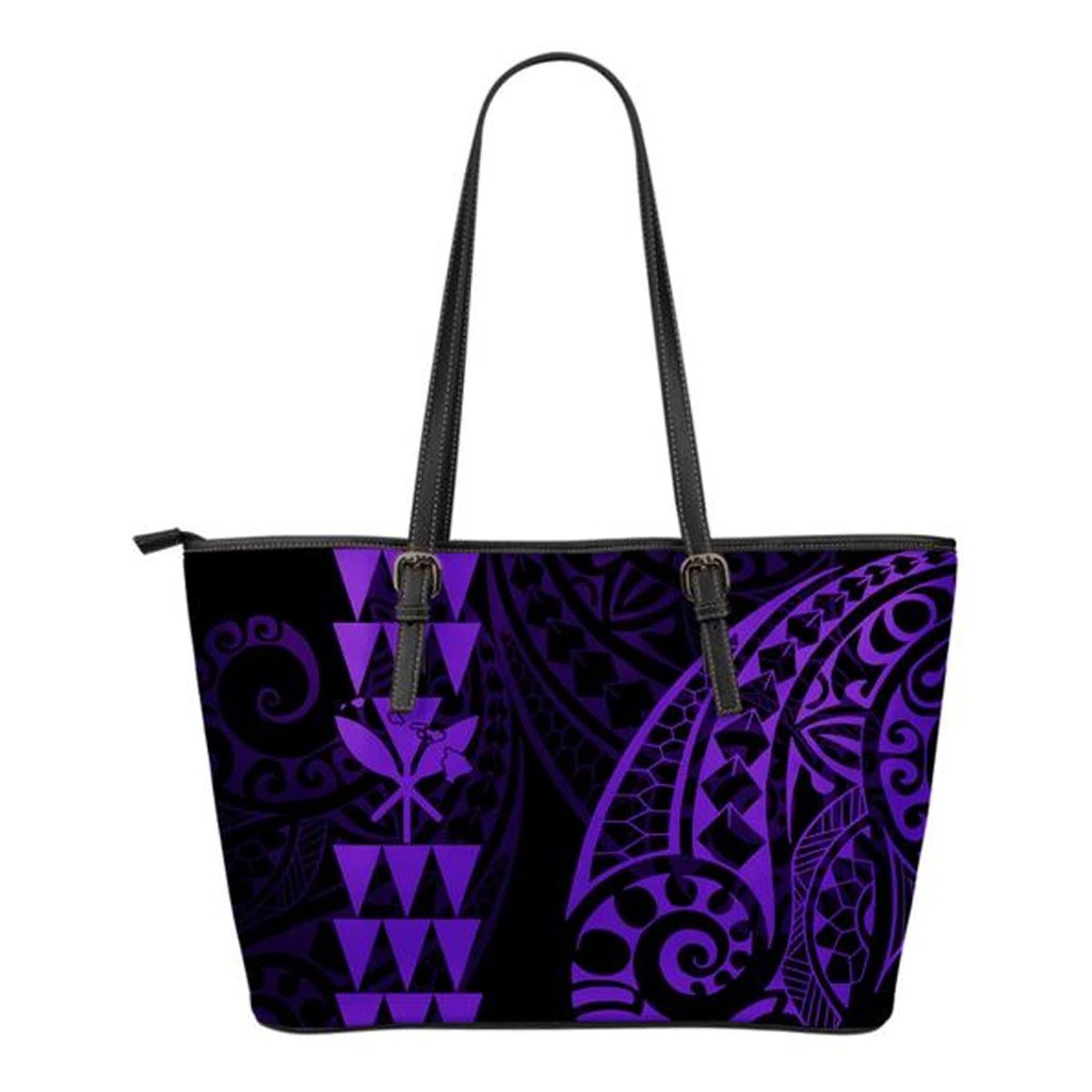 Kanaka Hawaii Map Purple Tribal Small Leather Tote Purple - Polynesian Pride