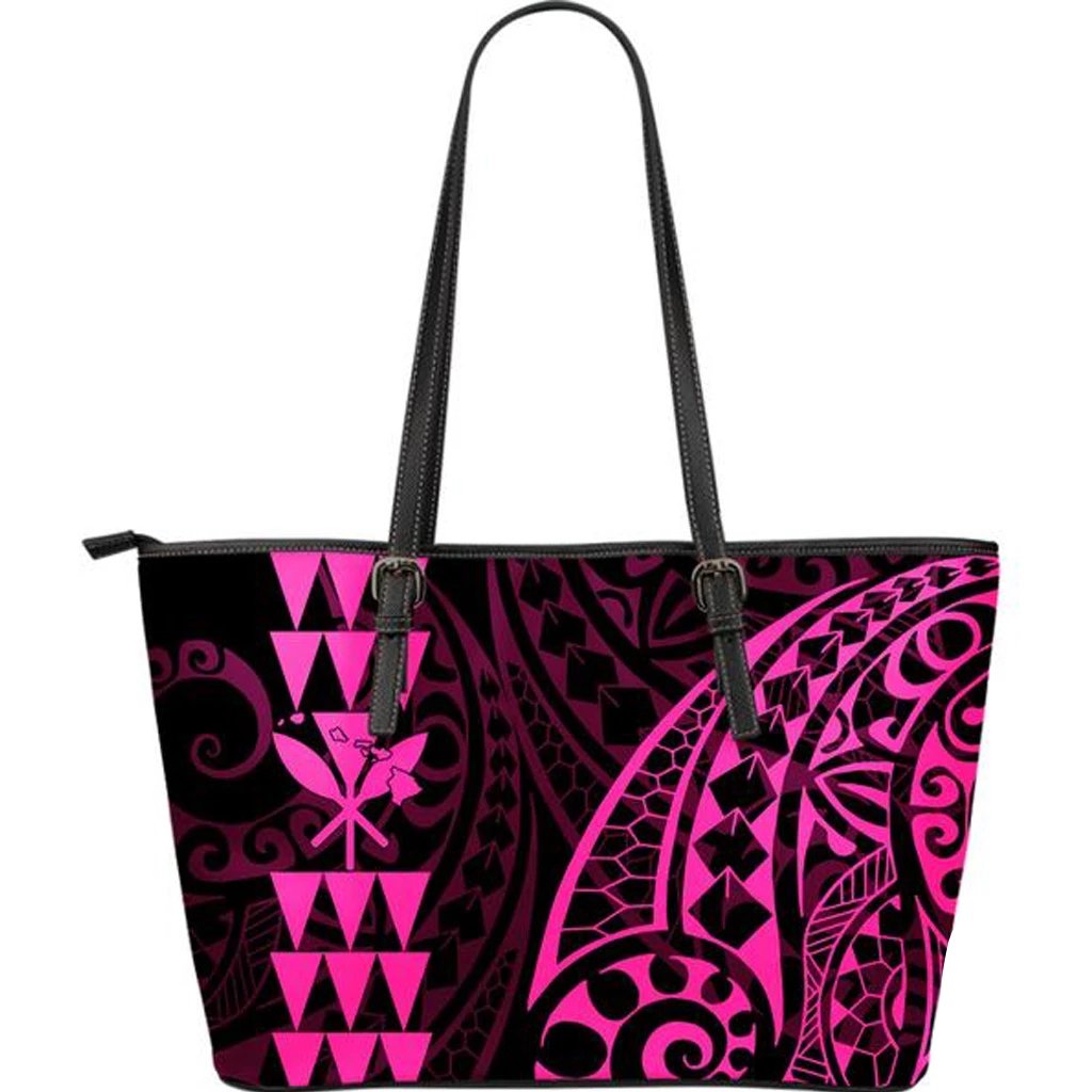 Kanaka Hawaii Map Pink Tribal Large Leather Tote Bag Pink - Polynesian Pride