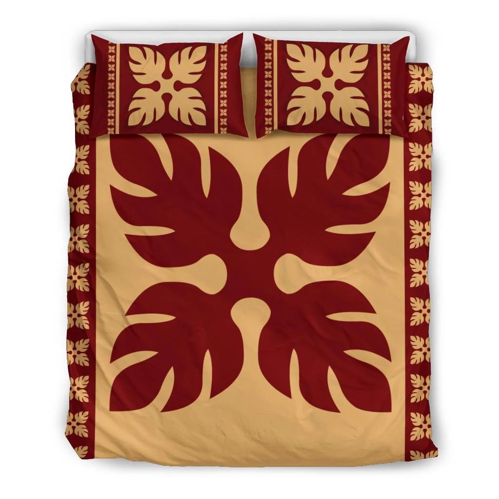 Hawaiian Quilt Pattern Palm Tree Monstera Basic Polynesian Bedding Set Black - Polynesian Pride