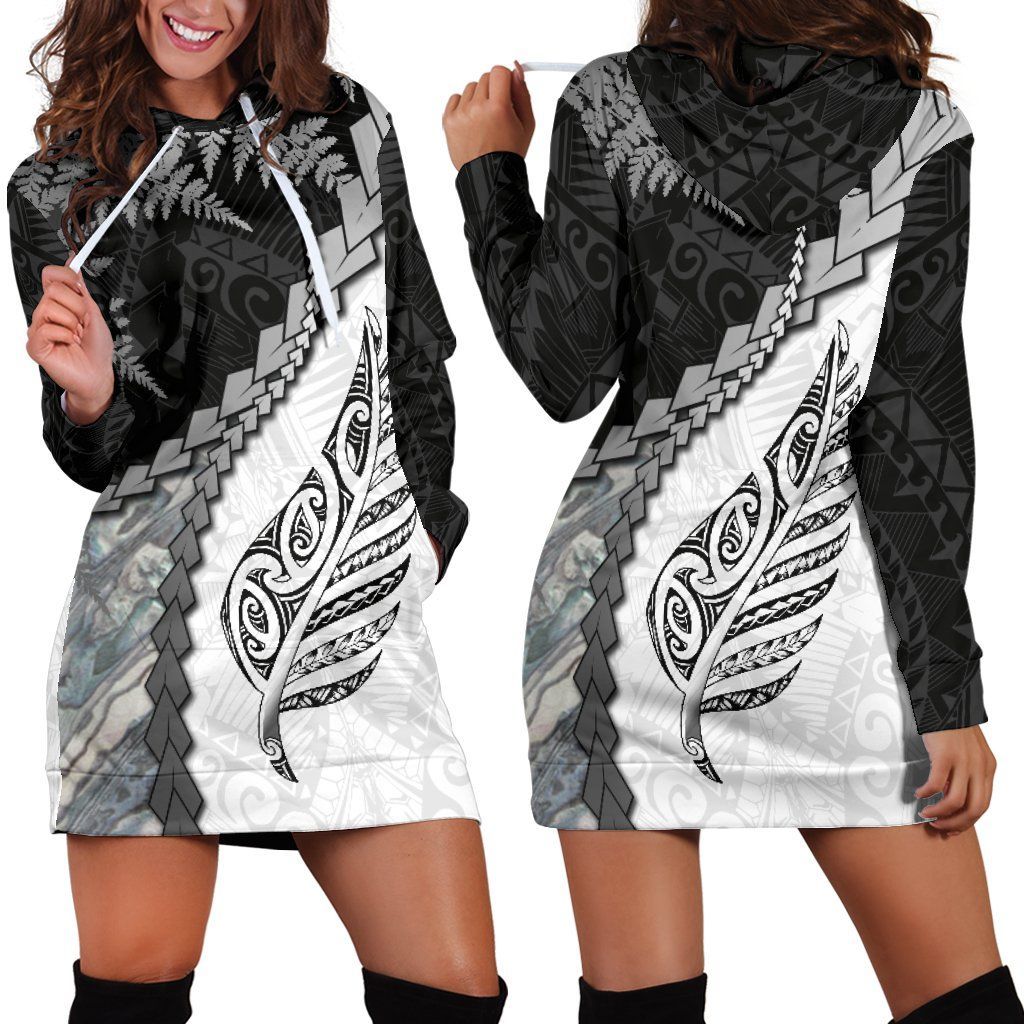 Paua Shell Maori Silver Fern Women's Hoodie Dress White White - Polynesian Pride