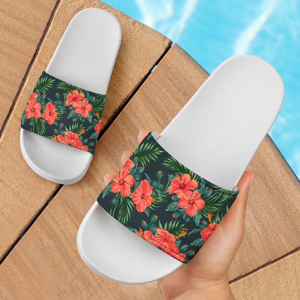 Hawaii Palm Hibiscus Pattern Black Slide Sandals White - Polynesian Pride