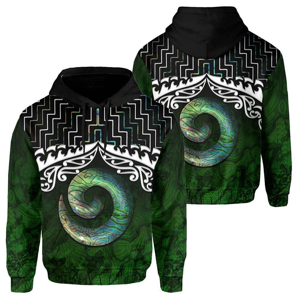 New Zealand Maori Hoodie, Poutama Koru Paua Shell Pullover Hoodie Unisex Black - Polynesian Pride