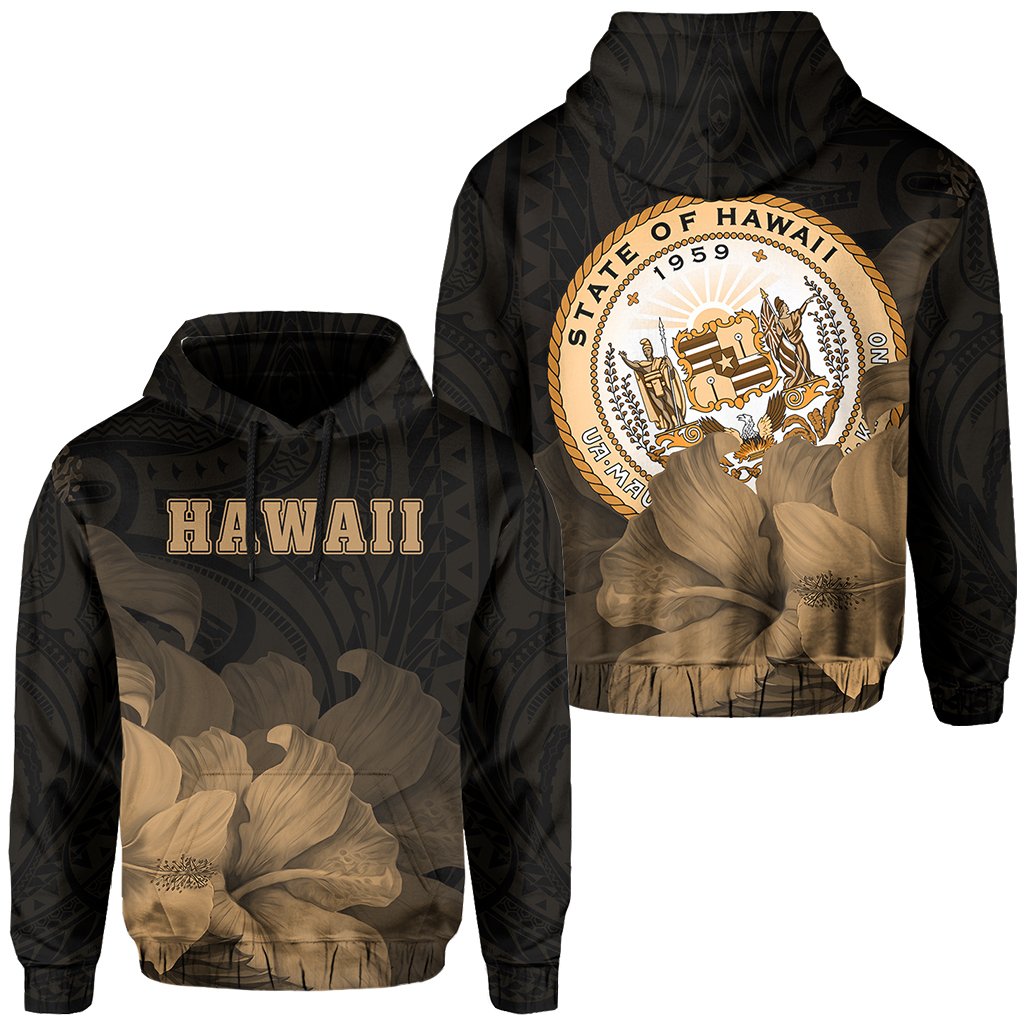 Tropic Hibiscus Seal of Hawaii Hoodie Gold Unisex Gold - Polynesian Pride