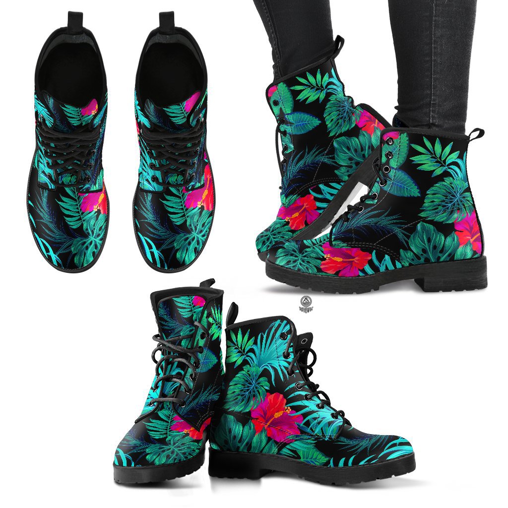 Hawaii Green Hibiscus Leather Boots - Polynesian Pride