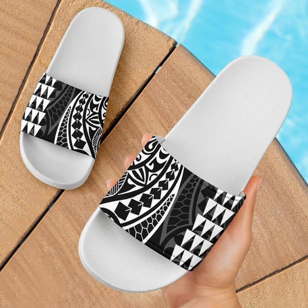 Hawaiian Polynesian Tribal Slide Sandals White White Black - Polynesian Pride