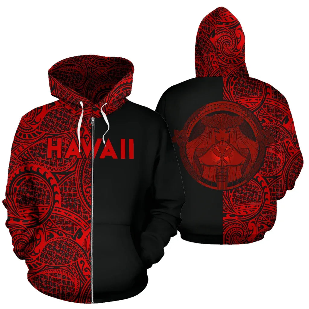 Polynesian Pride Hoodie Polynesian Madame Pele Kanaka Hawaii Zip Hoodie The Half Red - Polynesian Pride