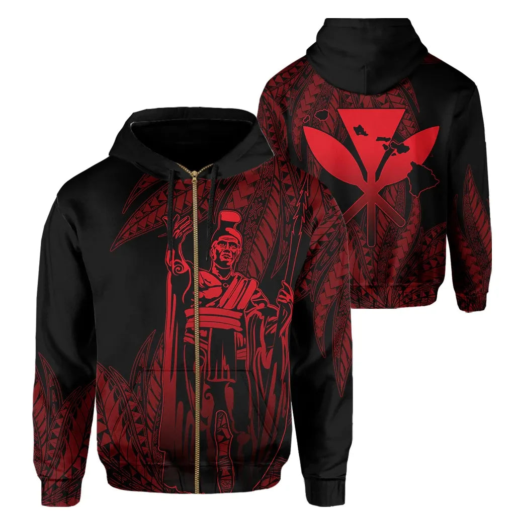 Polynesian Pride Hoodie Hawaii King Polynesian Hoodie Zip up Durk Style Red - Polynesian Pride