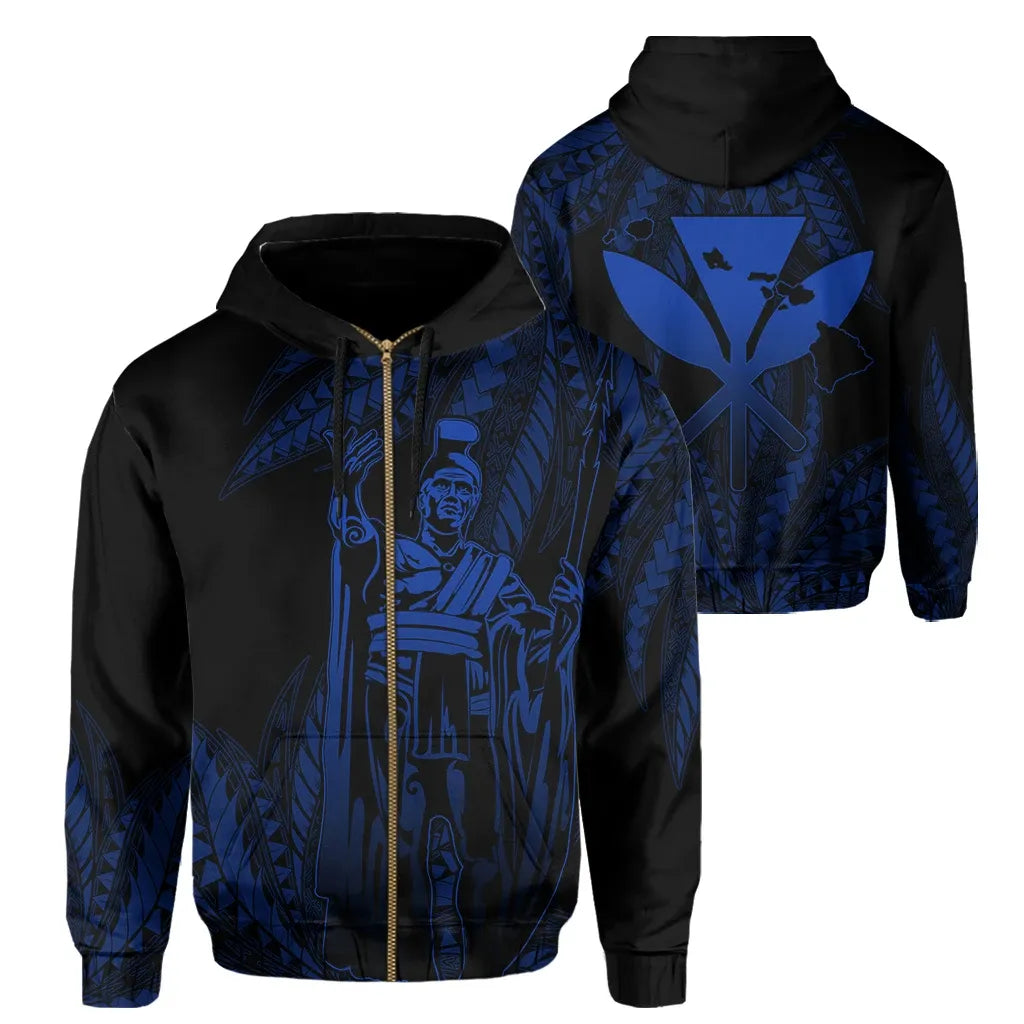 Polynesian Pride Hoodie Hawaii King Polynesian Hoodie Zip up Durk Style Blue - Polynesian Pride