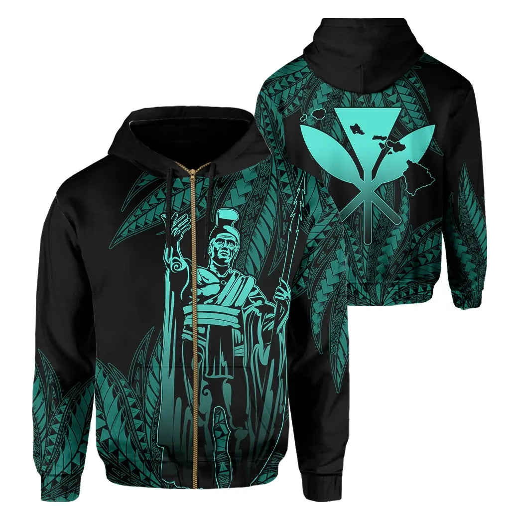 Polynesian Pride Hoodie Hawaii King Polynesian Hoodie Zip up Durk Style Turquoise - Polynesian Pride