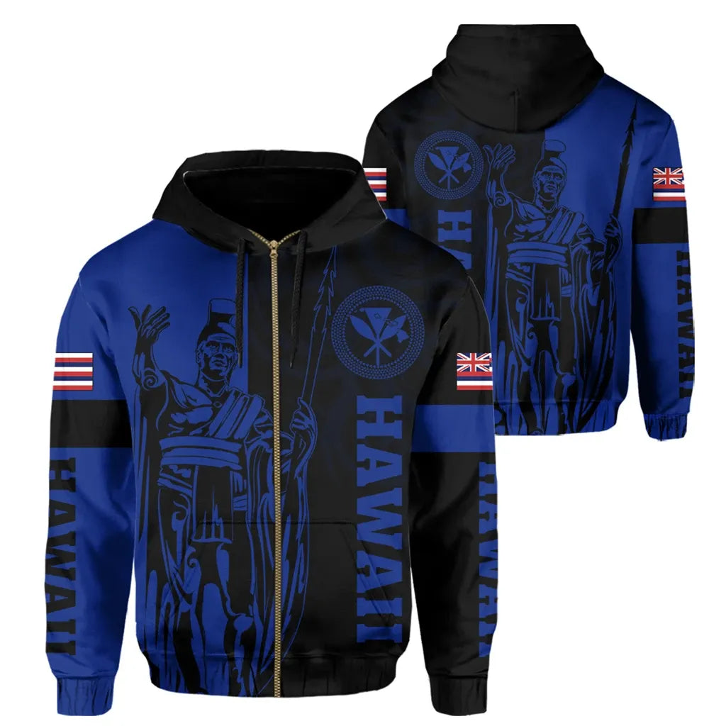 Polynesian Pride Hoodie Hawaii King Polynesian Hoodie Zip up Lawla Style Blue - Polynesian Pride