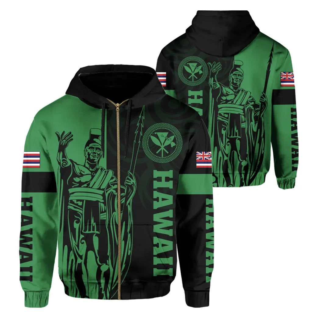 Polynesian Pride Hoodie Hawaii King Polynesian Hoodie Zip up Lawla Style Green - Polynesian Pride