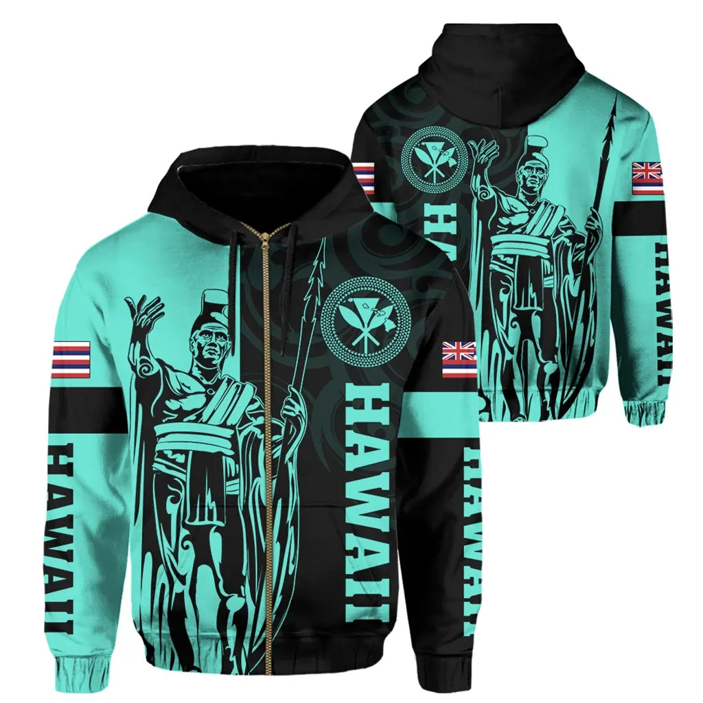 Polynesian Pride Hoodie Hawaii King Polynesian Hoodie Zip up Lawla Style Turquoise - Polynesian Pride