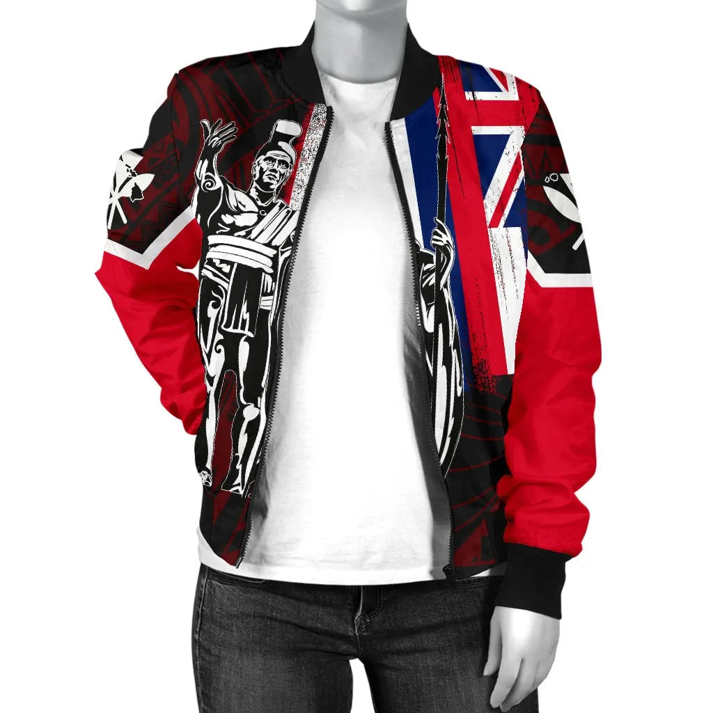 Polynesian Pride Jacket - Hawaii King Flag Polynesian Women's Bomber Jacket - Red - Polynesian Pride
