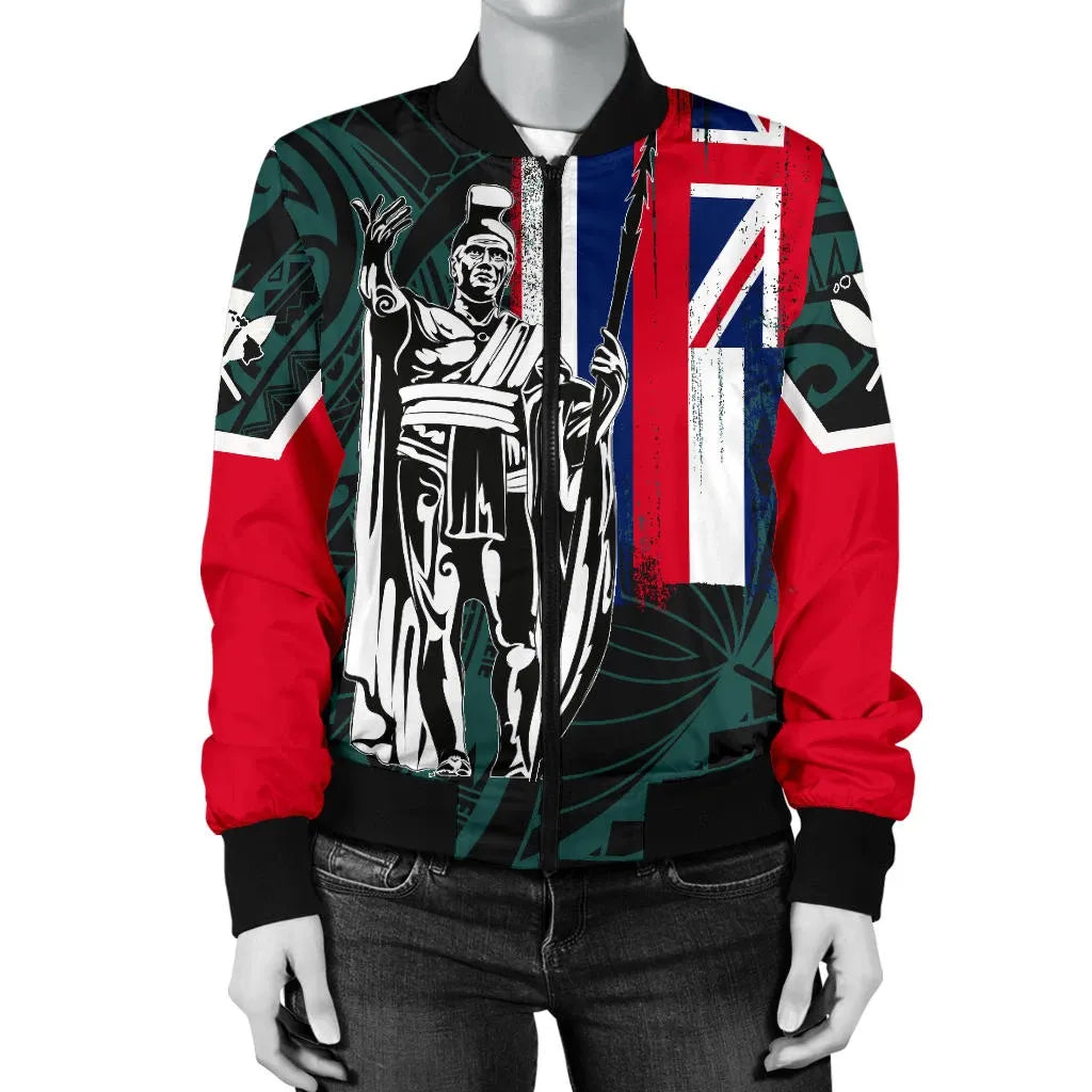 Polynesian Pride Jacket - Hawaii King Flag Polynesian Women's Bomber Jacket - Turquoise - Polynesian Pride