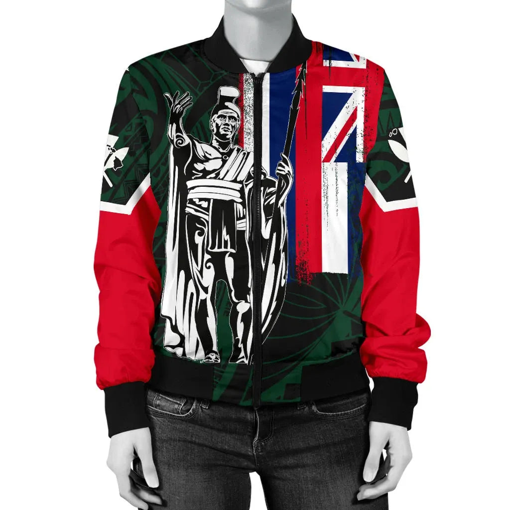 Polynesian Pride Jacket - Hawaii King Flag Polynesian Women's Bomber Jacket - Green - Polynesian Pride