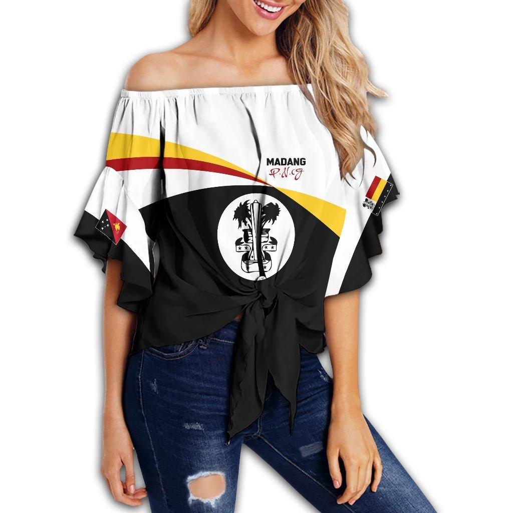 Polynesian Pride Clothing - Madang PNG Flag Style Women's Off Shoulder Wrap Waist Top Women Black - Polynesian Pride